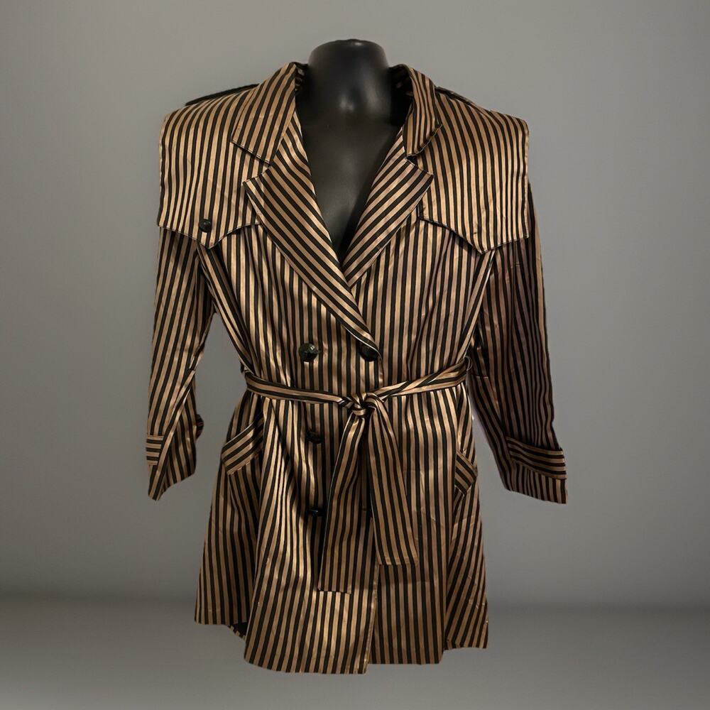 VTG 90s Cache Blazer Jacket Black Gold Striped Belted Satin Finish Mod Disco S/M